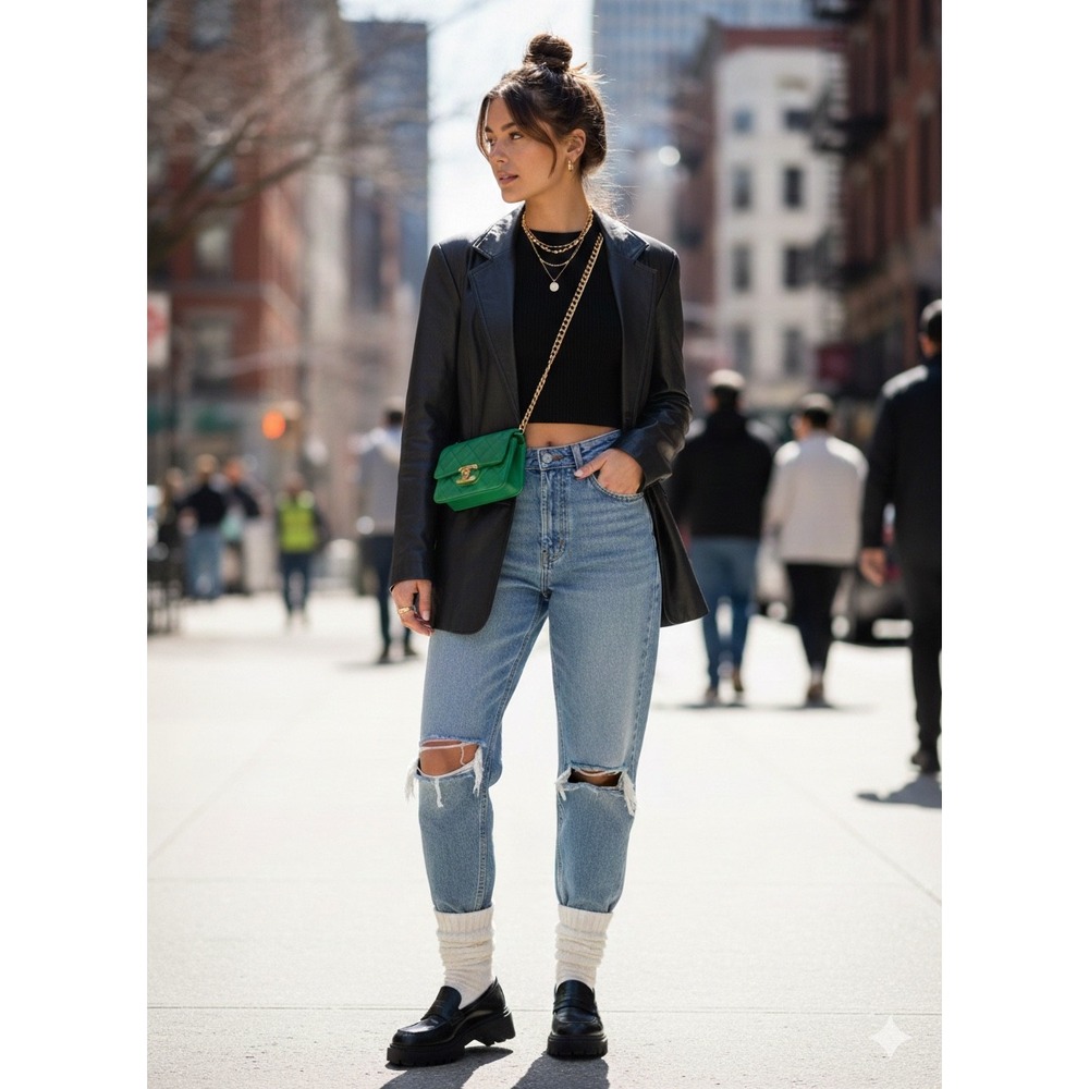 Atlantic Beach Black Leather Blazer Jacket Button Front Women's Size Large‎